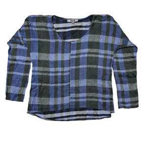 Flax Linen Womens Blue Plaid Long Sleeve Shirt Blouse Size P (4-6) Lightweight